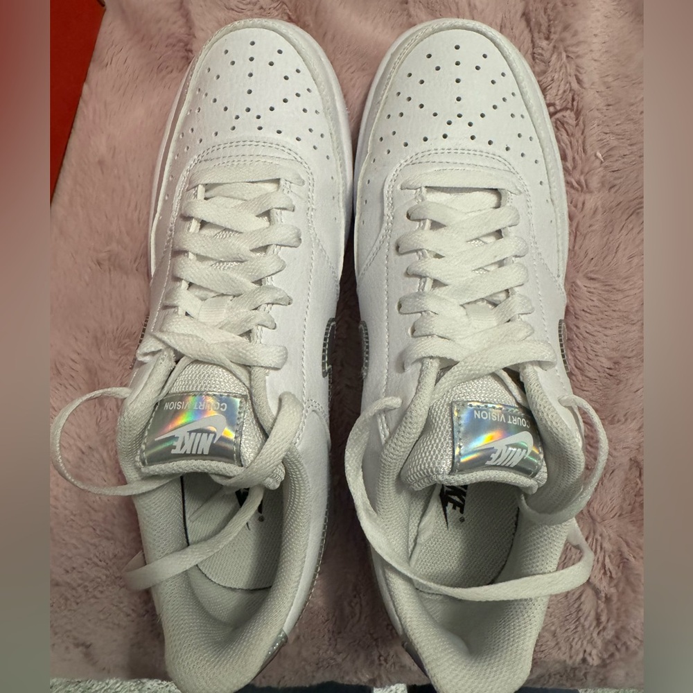 Nike white with silver metallic swish